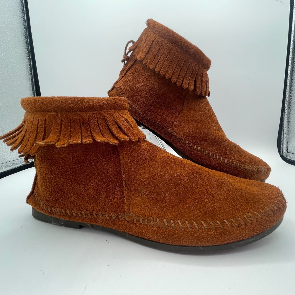 Minnetonka Back Zip Softsole Boot Women 8 Brown Suede Fringe Moccasin 282